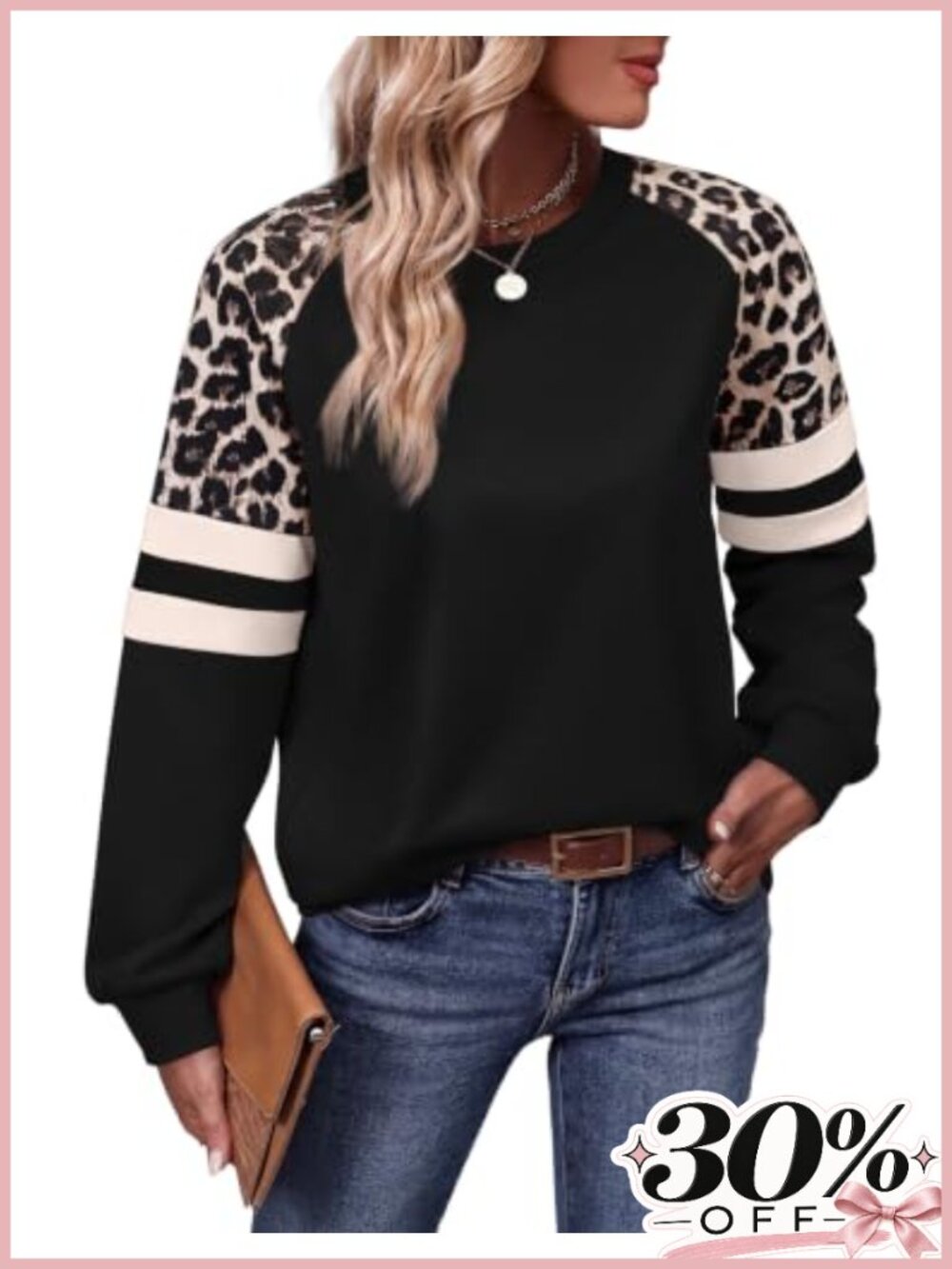 Womens Crewneck Sweatshirt Leopard Sleeve Loose Fit Tunic Pullover
